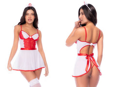 White and red nurse costume with lace detailing, matching headband, and open back design.