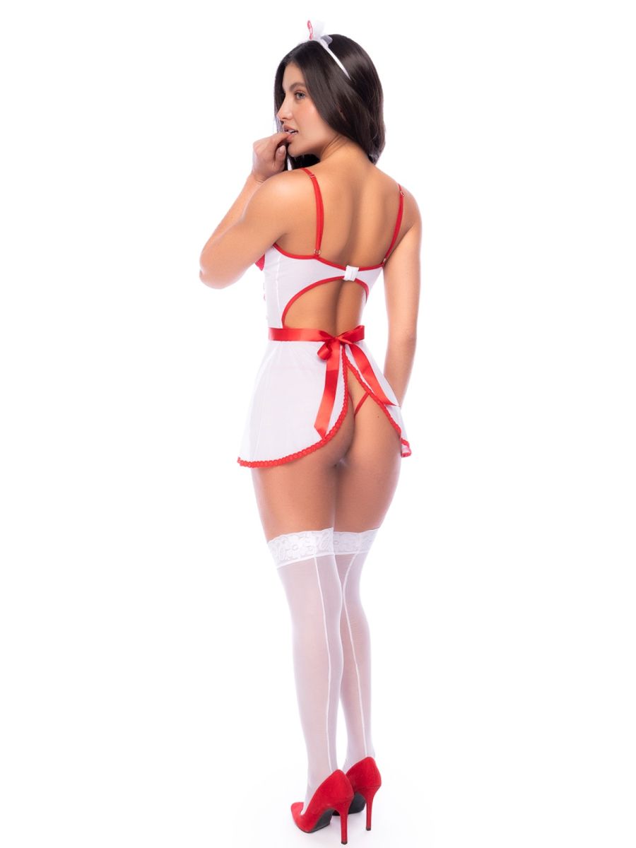 Rear view of a white nurse costume with red trim, matching stockings, and red heels.