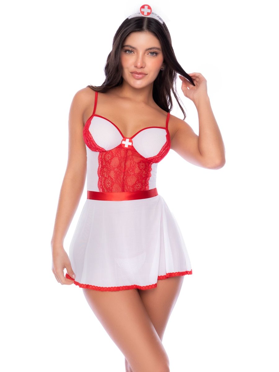 White nurse costume with red lace trim, a red sash, matching skirt, and a nurse headband with a red cross.