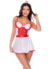 White nurse costume with red lace trim, a red sash, matching skirt, and a nurse headband with a red cross.