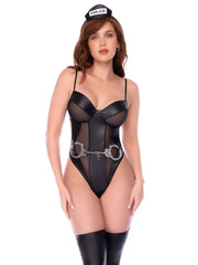Black police costume bodysuit with sheer mesh panels, faux leather details, toy handcuffs, and matching mini hat.