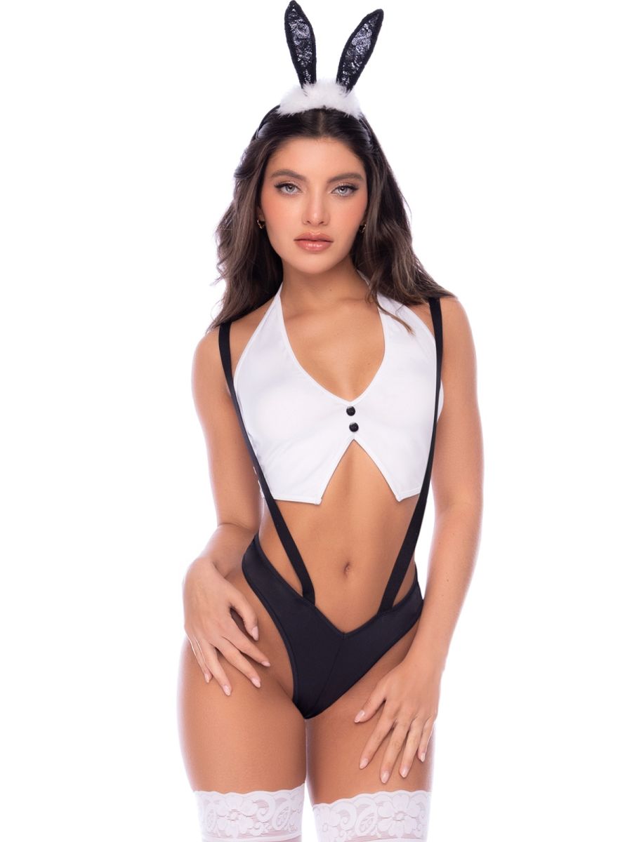 Black and white bunny costume with halter top, suspenders, high-cut briefs, and matching bunny ears headpiece.