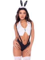 Black and white bunny costume with halter top, suspenders, high-cut briefs, and matching bunny ears headpiece.