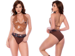 Brown sheriff costume outfit with glossy halter top and brief bottoms featuring printed belt detail.