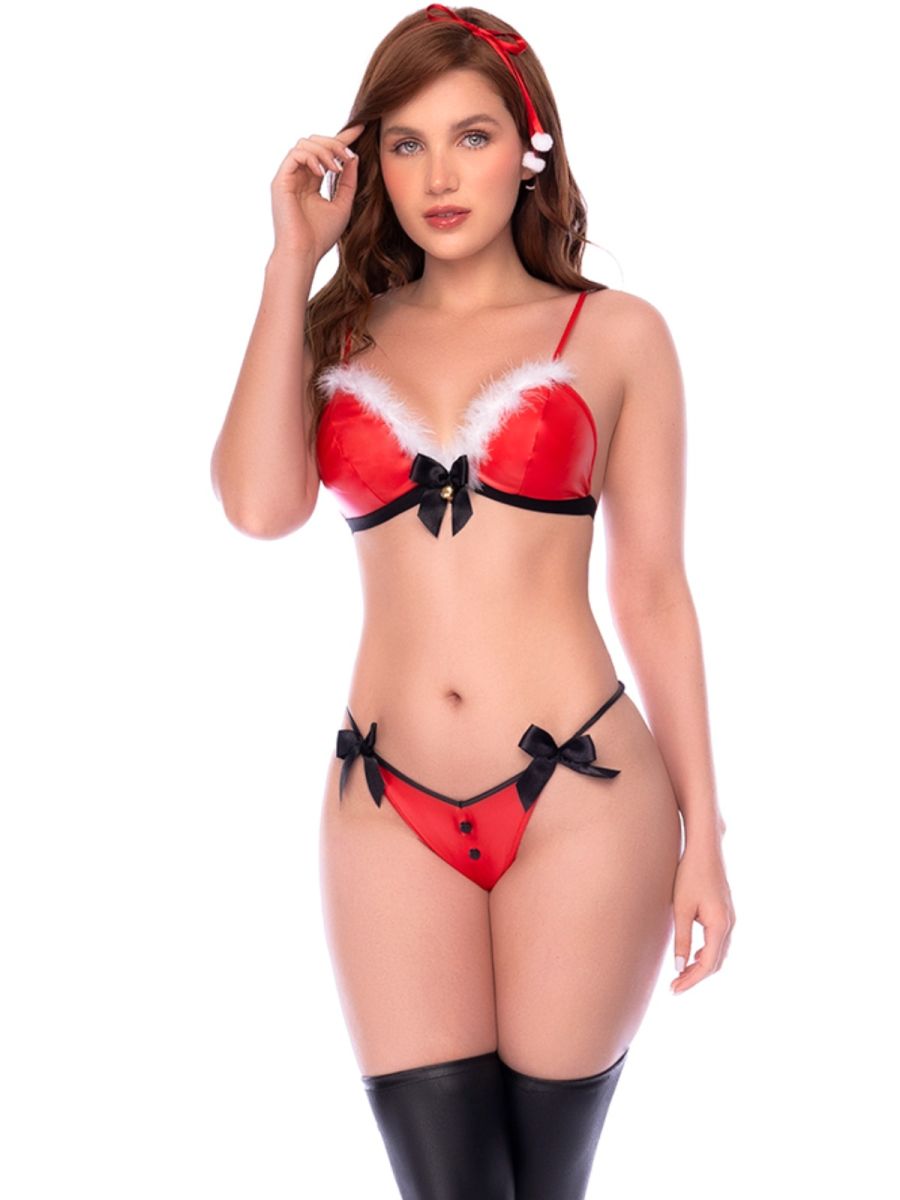 Red satin Mrs Claus lingerie set with white faux fur trim, black bows, matching headband, and thigh-highs.