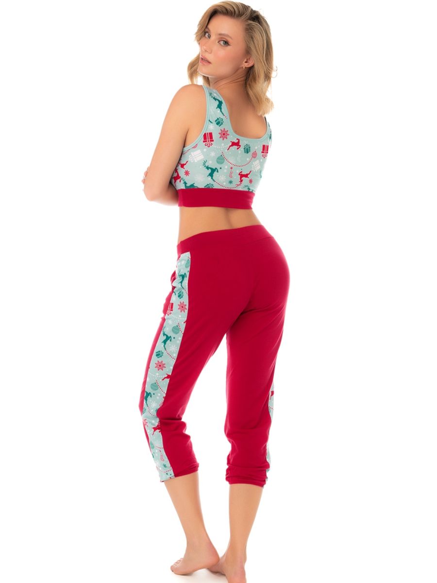 7409 Zweiteiliges Schlafanzug-Set Farbe Rot-Minzfarbene Prints