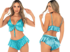 Mapale 75014 Lingerie Two-Piece Pajama Set with Ruffled Trim Color Lustrous Jade