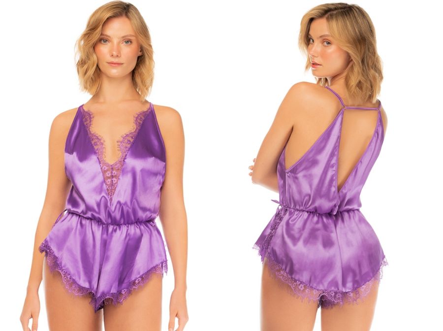 Mapale 75015 Lingerie Silky Lace Trim Sleep Romper Color Purple Rain