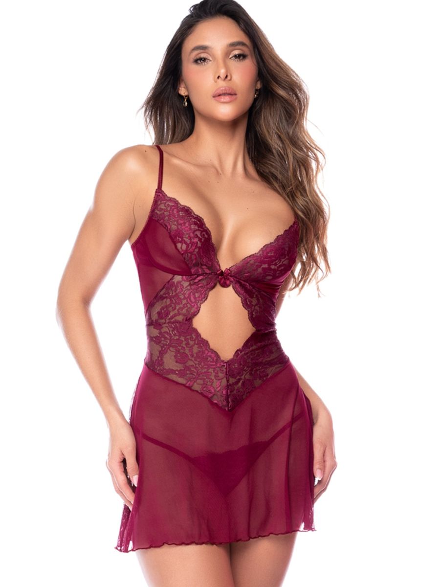 Burgundy babydoll with matching thong, featuring sheer fabric, lace cups, and a front cutout.