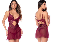 Burgundy babydoll with lace trim, sheer mesh, cutout front, and matching thong, shown from front and back.