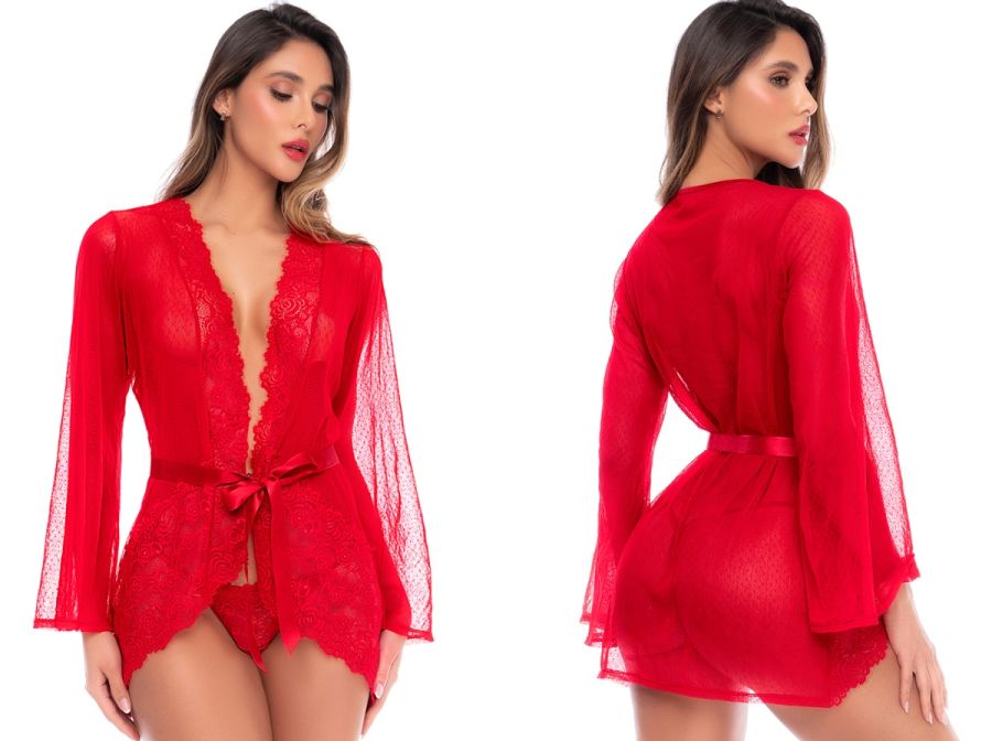 Front and back views of a red sheer robe with lace trim and matching thong.