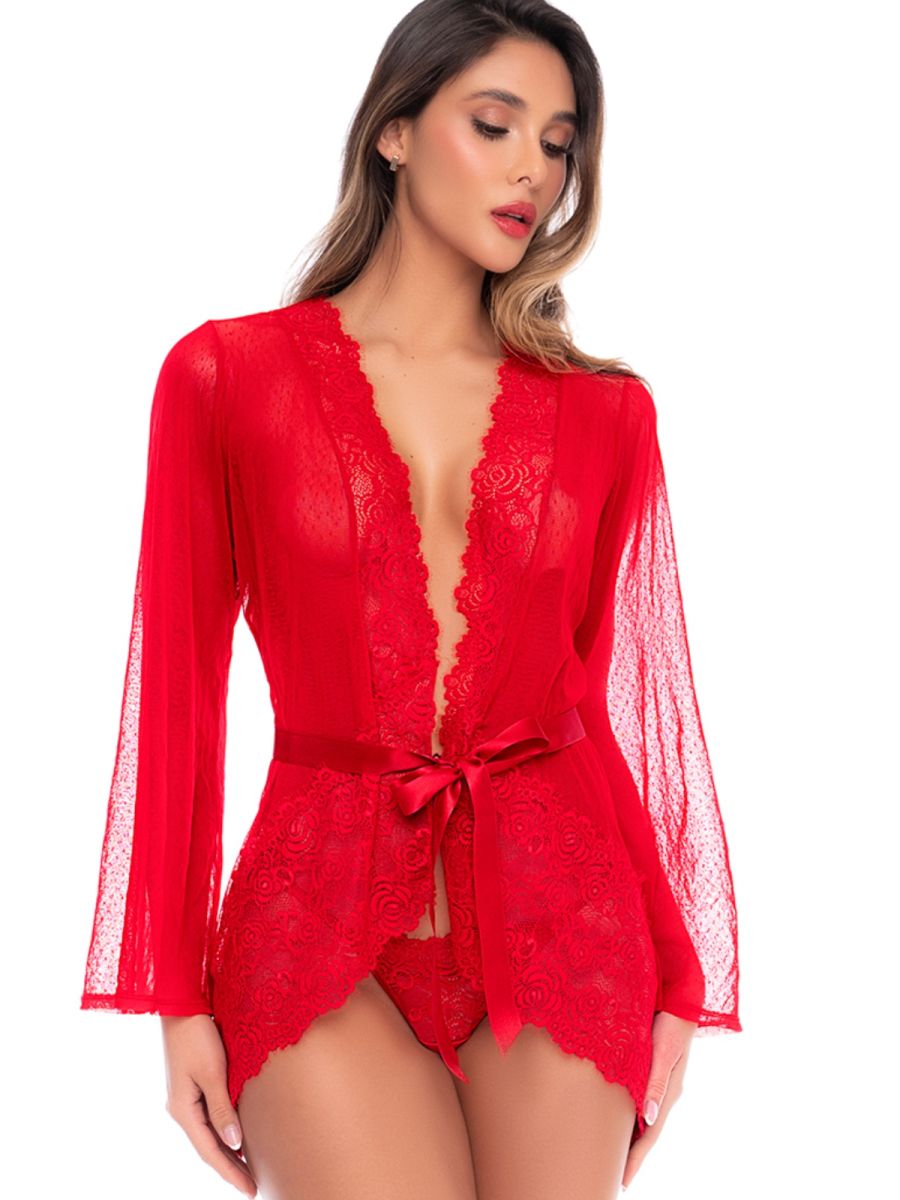 Red sheer robe with long sleeves, lace trim, and matching thong.