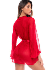 Red sheer robe with long sleeves, matching belt, and lace trim, viewed from the back.