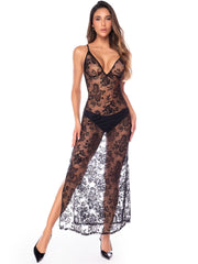 Black sheer lace maxi babydoll with thin straps and floral pattern.