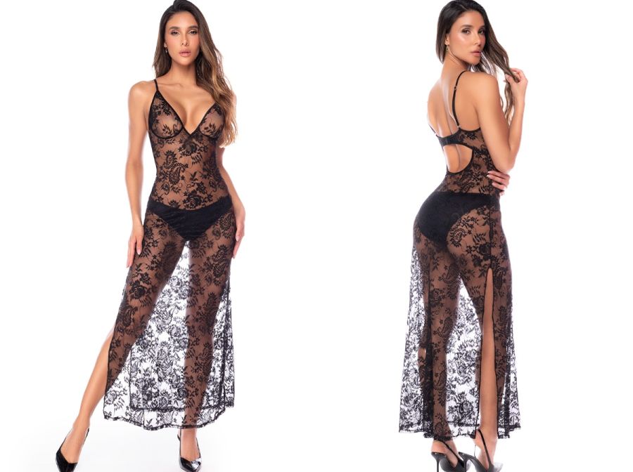 Black lace maxi babydoll with floral pattern, V-neck, thin straps, and sheer skirt with side slits.