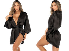Mapale 7641 black satin robe with wide sleeves and a tie belt, shown from front and side angles.