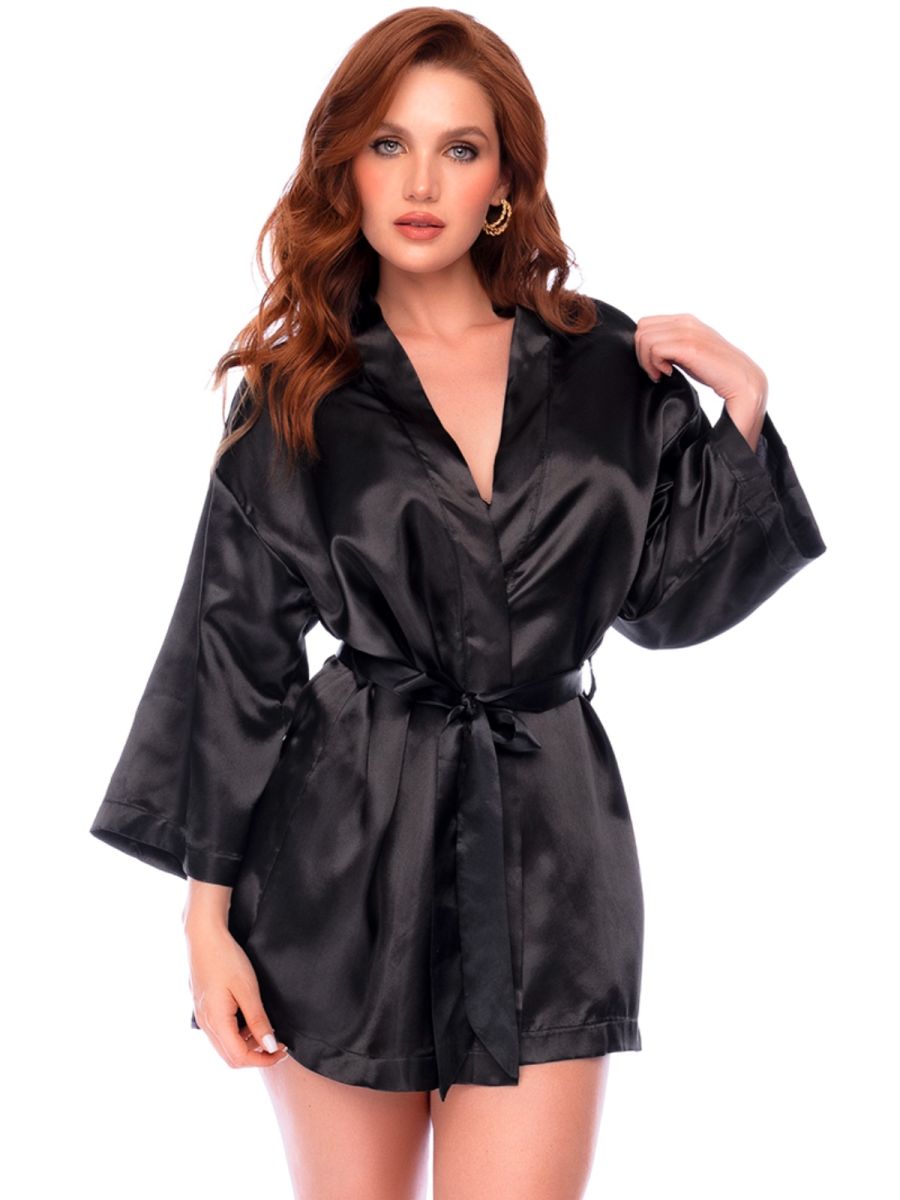 Mapale 7641 black satin short robe with a tie belt and wide three-quarter length sleeves.