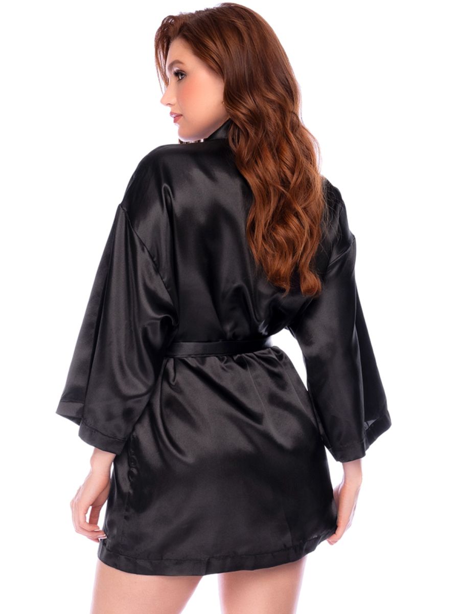 Back view of a black satin robe with wide sleeves and a tie belt.