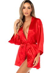 Red satin robe with three-quarter sleeves and a matching fabric belt tied at the waist.