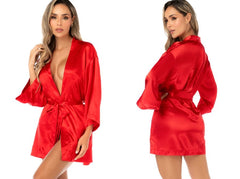 Front and back views of a red satin robe with long sleeves, open front, and a matching fabric belt tie.
