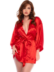 Model wearing a red satin robe with wide sleeves and a matching tie belt.