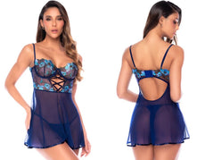Poppy blue babydoll and matching thong with sheer mesh, underwire cups, blue floral embroidery, and lace-up front.