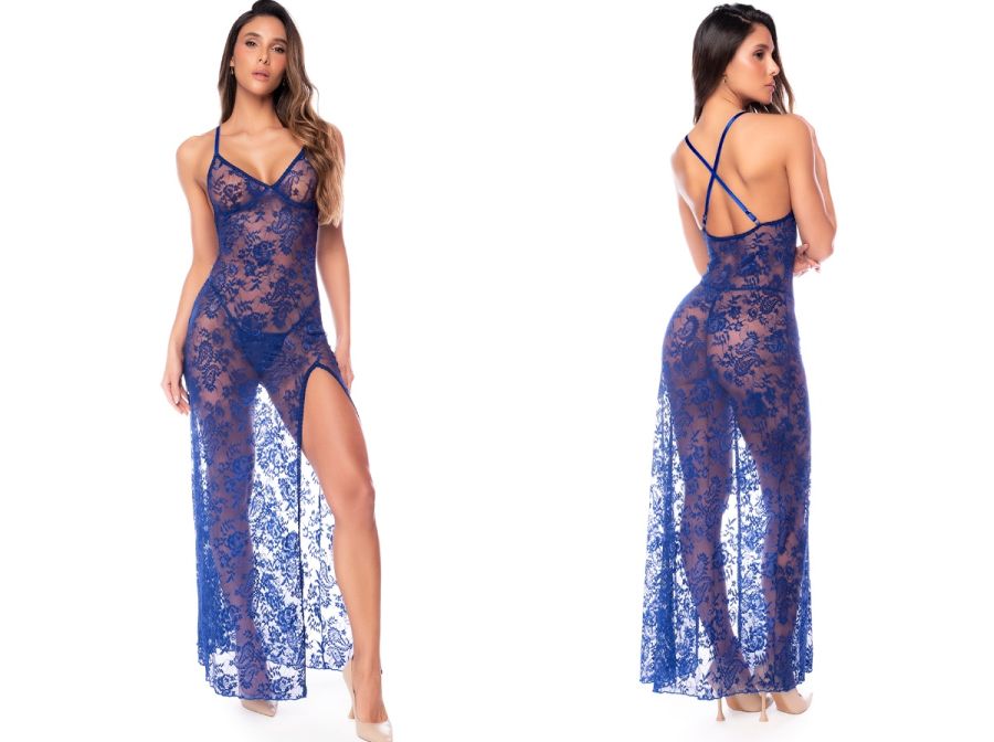 Royal blue sheer floral lace long gown with V-neck, high side slit, and crisscross back straps.