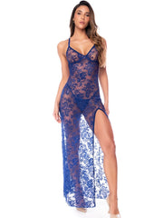 Royal blue sheer lace long gown with a V-neck, thin straps, and a high side slit.