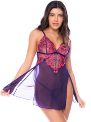 Model wearing Mapale purple sheer babydoll lingerie with pink floral embroidery and matching thong adjustable straps