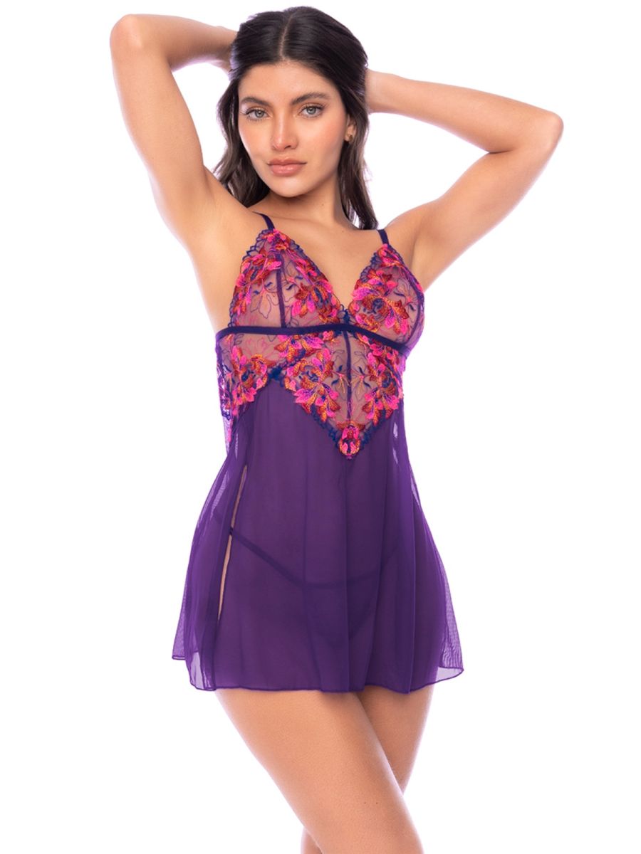 Purple mesh babydoll with pink and orange floral embroidery on the cups and bodice.