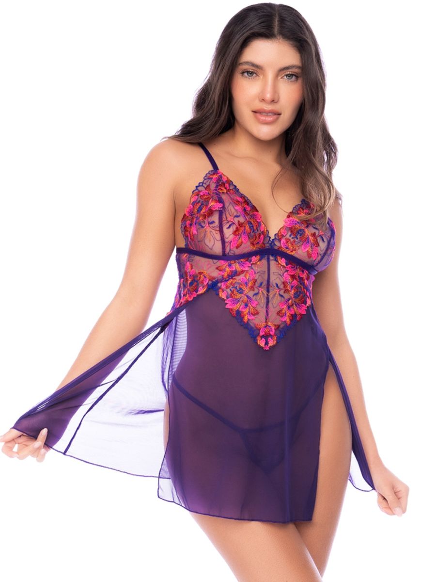 Purple mesh babydoll with pink and orange floral embroidery, thin straps, and matching thong.
