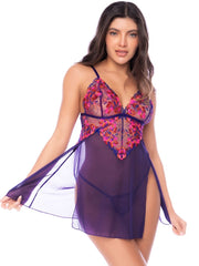 Purple mesh babydoll with pink and orange floral embroidery, thin straps, and matching thong.