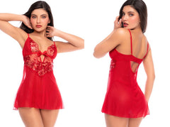 Front and back view of a scarlet red babydoll with sheer mesh skirt, lace cups, and keyhole back.