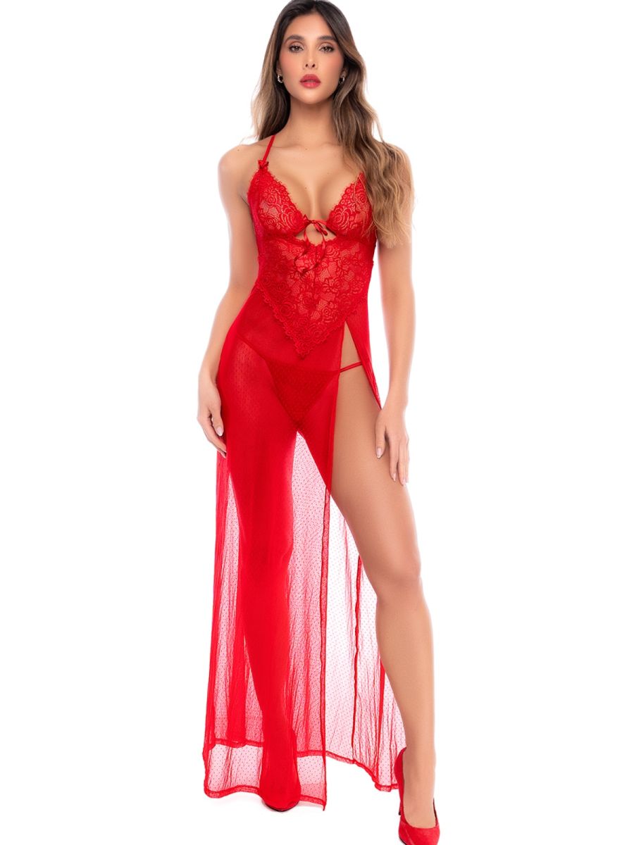 Red lace long gown with halter neck, sheer mesh skirt, high thigh slit, and matching red thong.