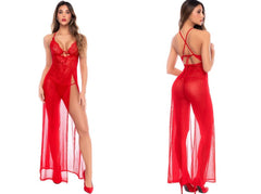 Model wearing a red long sheer lace gown with halter straps and a high front slit, shown front and back.