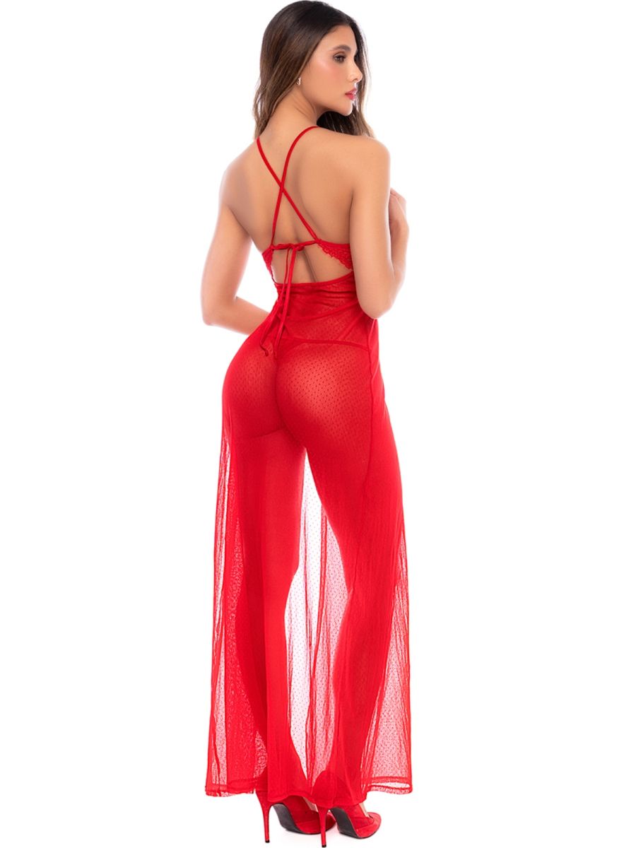 Back view of a red sheer long gown with crisscross back straps and matching thong.