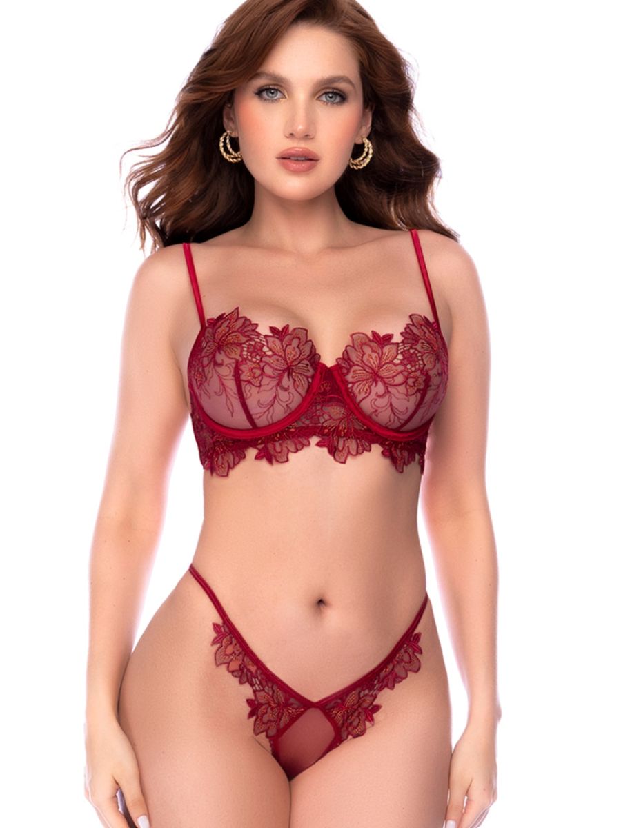 Rosewood lingerie set with floral lace trim on half-cup bra and matching thong.