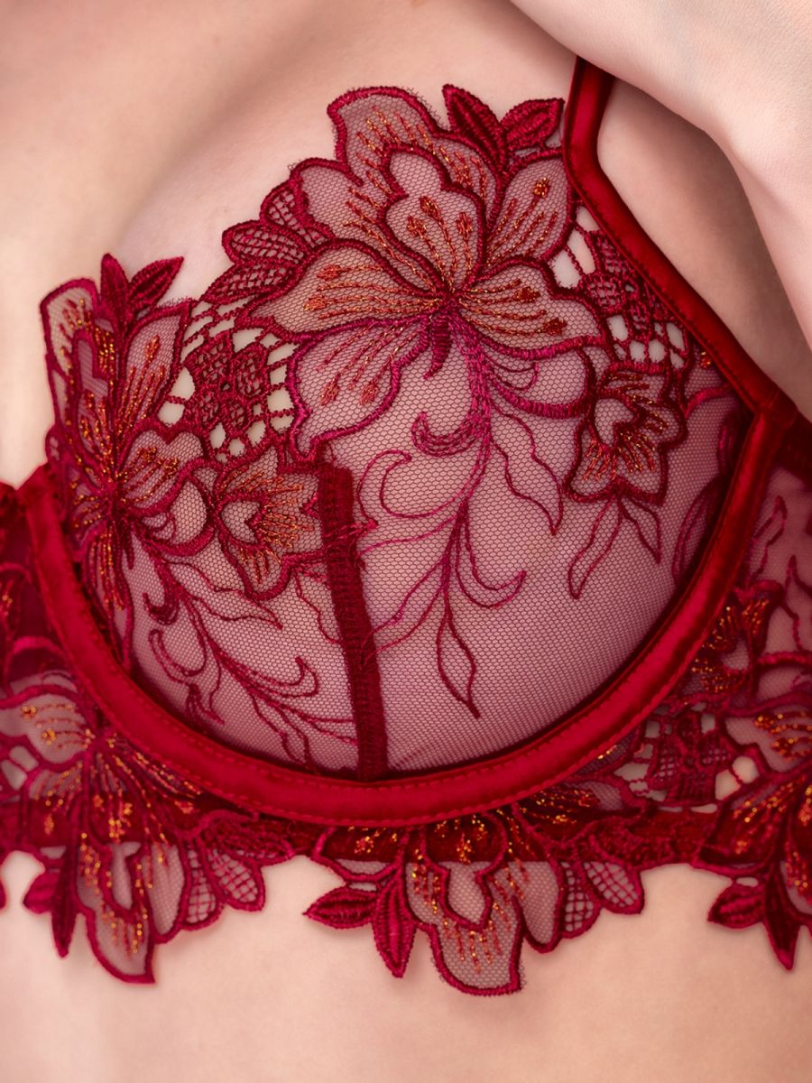 Rosewood sheer lace bra with intricate floral embroidery and scalloped underband.