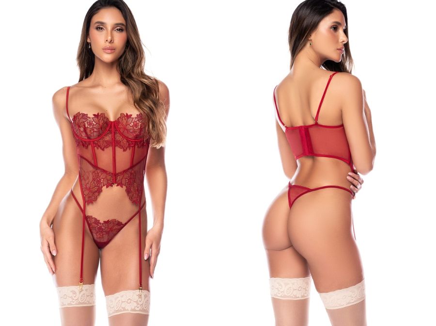 Rosewood two-piece lingerie set with floral lace, sheer mesh, garters, and matching thong worn with stockings.