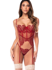 Rosewood lace and sheer mesh lingerie set featuring a corset-style bustier and matching g-string with garter straps.