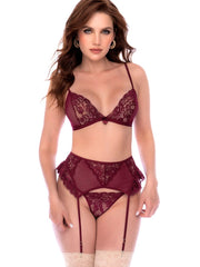Burgundy three-piece lingerie set with floral lace bra, high-waist garter belt, and matching thong.