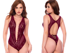 Front and back views of a rich burgundy lace teddy featuring a plunging V-neckline and open back with lace-up detail.