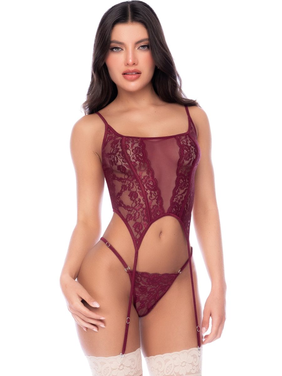 Burgundy lace two-piece lingerie set with sheer panels, garter straps, and matching stockings.
