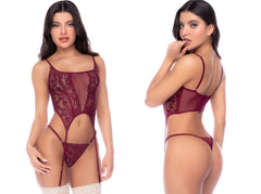 Burgundy lingerie set with lace bodysuit, sheer panels, garter straps, and thong.