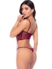 Burgundy two-piece lingerie set with lace and sheer panels, thin straps, and matching thong.