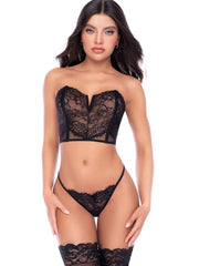 Black floral lace two-piece set, featuring a strapless bustier top and matching thong with thigh-high stockings.