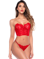 Red lace two-piece lingerie set featuring a strapless cropped bustier top and matching thong.