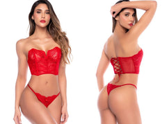 Red strapless lace bustier top and matching thong set.
