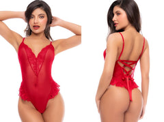 Red sheer mesh teddy with lace trim, V-neckline, spaghetti straps, and lace-up back detail.