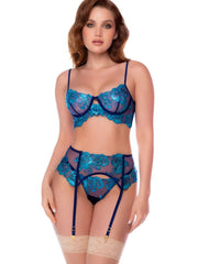 Midnight blue three-piece lingerie set featuring a lace bra, high-waist panty, and garter belt with straps.